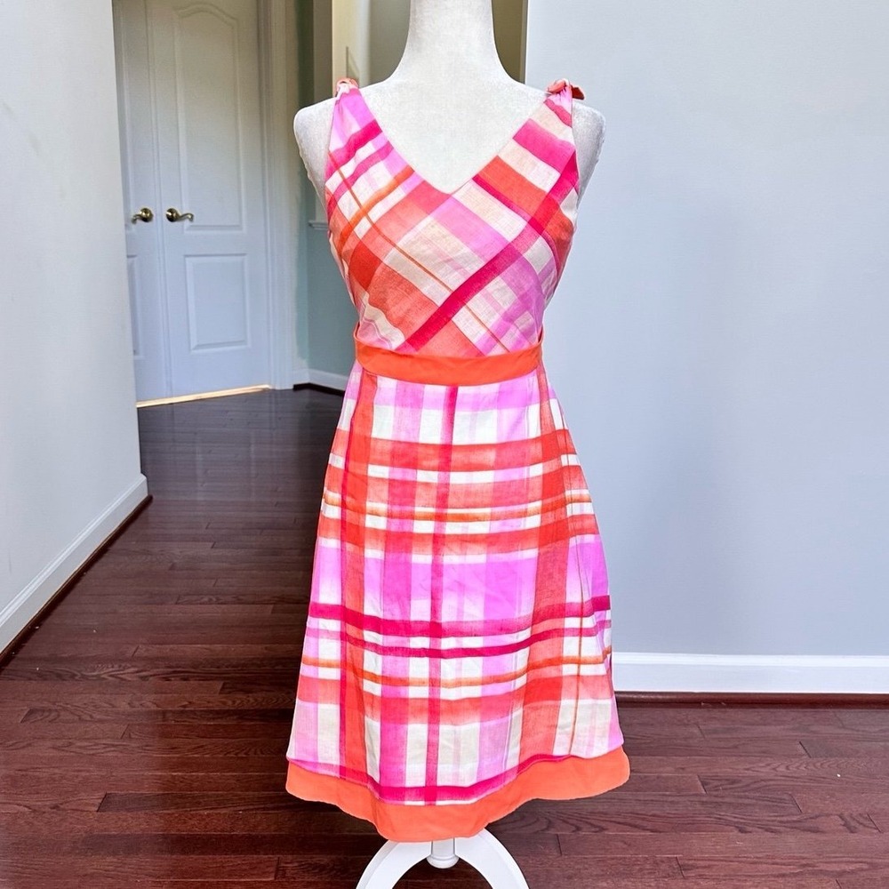Rare Editions Orange Pink Plaid Plunge Summer Picnic Cocktail Dress Size 16